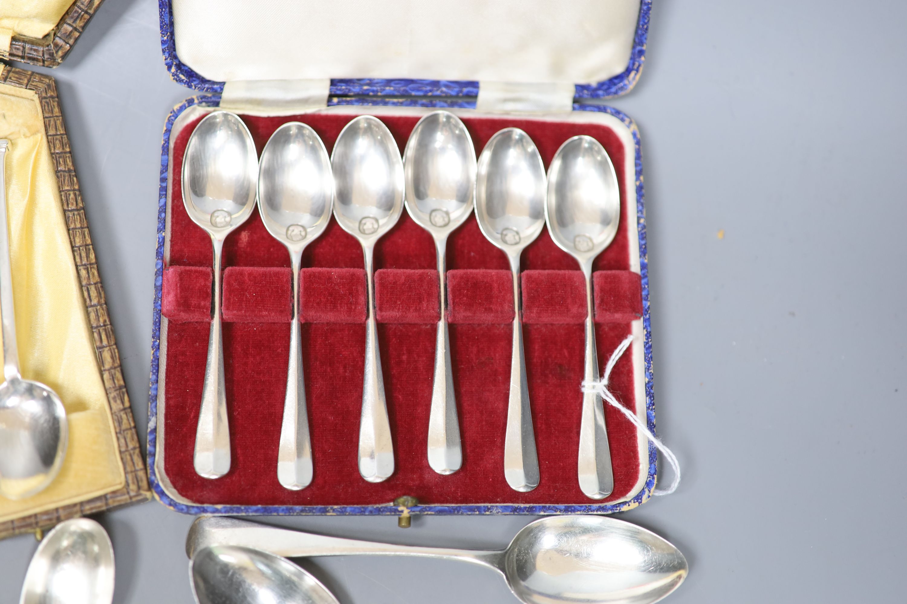 Two sets of silver coffee spoons, cased and miscellaneous Old English pattern and other silver flatware, Georgian and later.